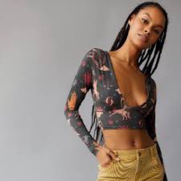 Urban Outfitters Long Sleeve Plunge Neck Crop - Picture 1 of 6